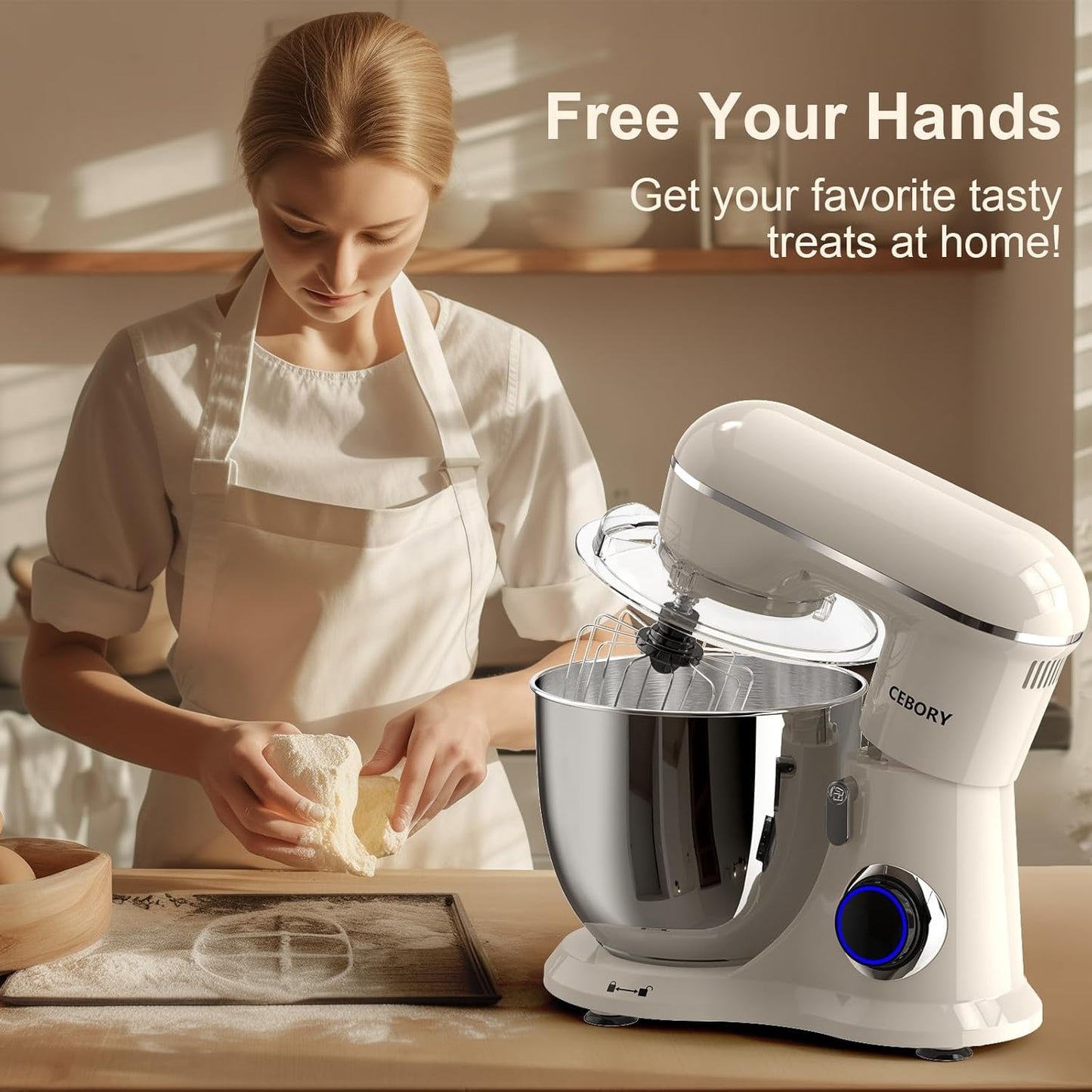 Skiennix 3-IN-1 Electric Stand Mixer - 6.5QT Bowl, 660W, 10-Speed for Baking & Cooking - Almond Cream
