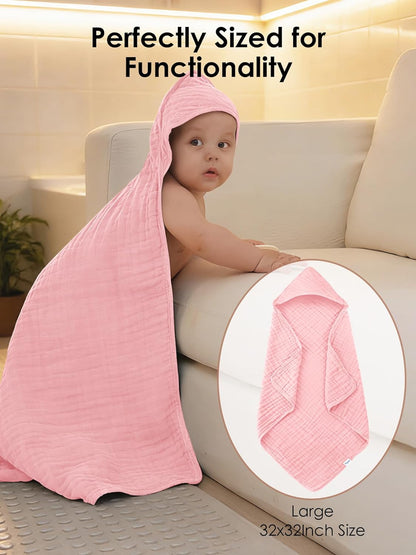 Skiennix Muslin Hooded Baby Bath Towels - Ultra-Soft 100% Cotton - 3 Pack, 32x32 Inch, Pink Series