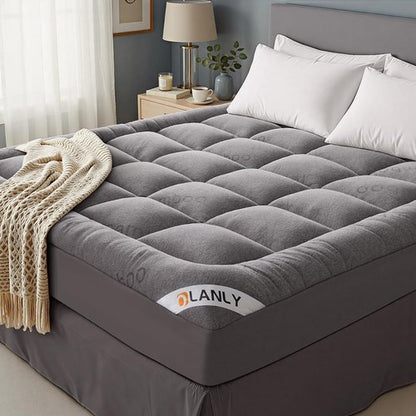 OLANLY Queen Mattress Topper – Viscose Made from Bamboo, Cooling Soft Queen Pillow Top Mattress Pad for Back Pain Relief, Plush Down Alternative Fill Bed Topper with Elastic Deep Pocket, Light Gray