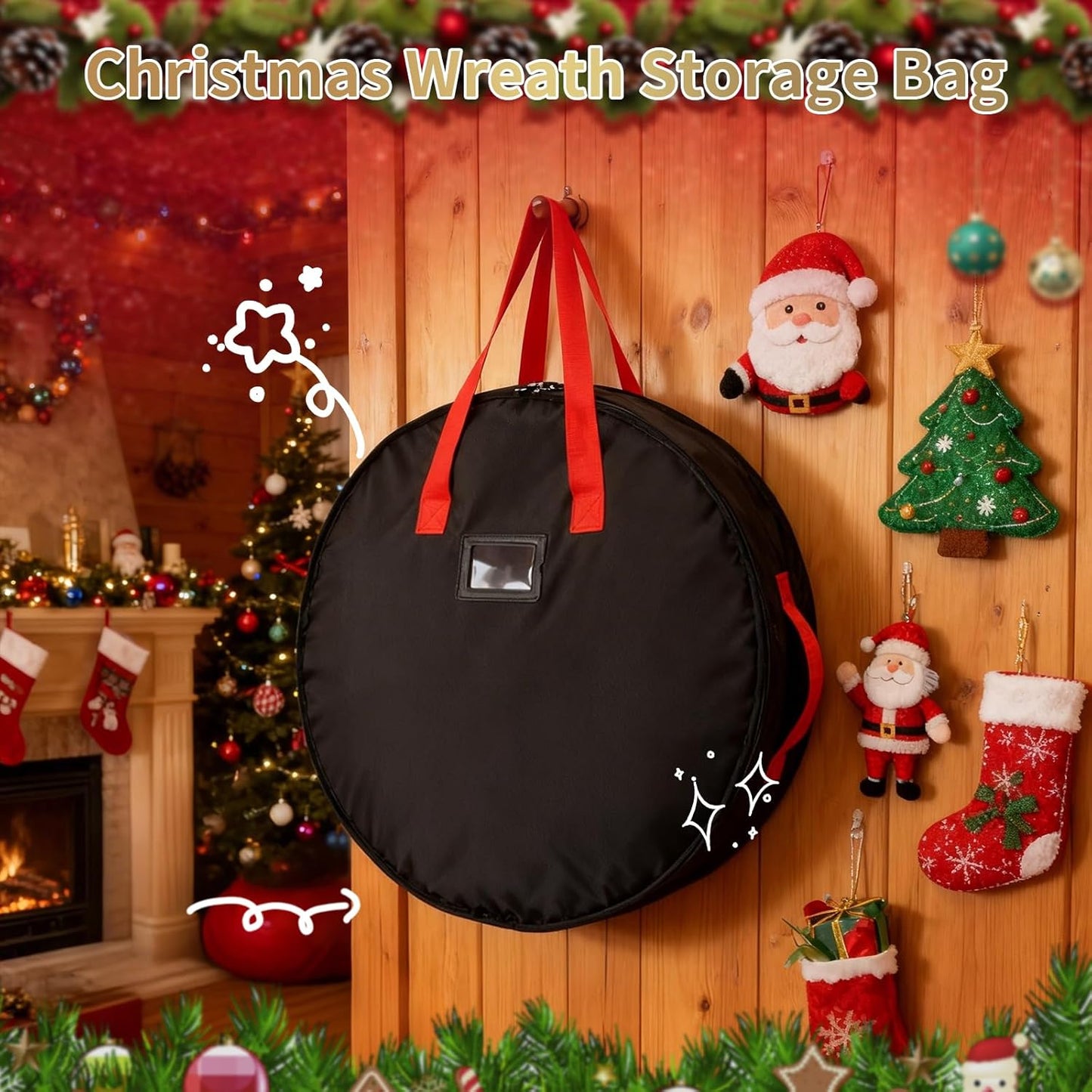 Skiennix Wreath Storage Bag - Heavy-Duty 24" Container for Christmas & Holiday Ornaments - Black