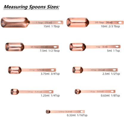 Viwehots Measuring Cups and Spoons Set, Copper Plated Measuring Cups Spoons, Stainless Steel 7 Measuring cups and 9 Measuring Spoons 1 Leveler for Baking and Kitchen, Metal Copper Measure Cups&Spoons