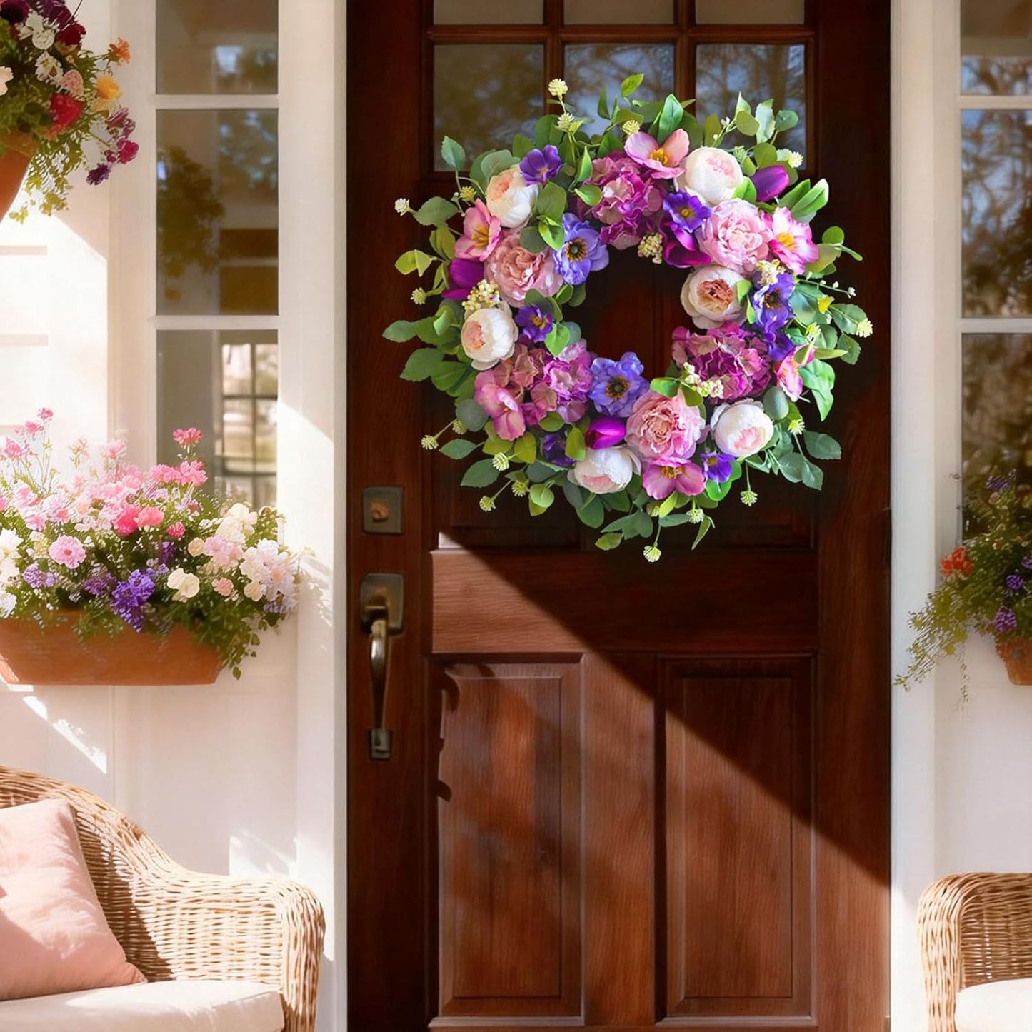 Regine Switzerland 24-Inch Spring Wreath - Blush Pink Roses & Purple Blooms for Home Decor | Indoor/Outdoor Use