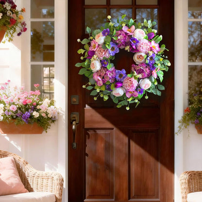 Regine Switzerland 24-Inch Spring Wreath - Blush Pink Roses & Purple Blooms for Home Decor | Indoor/Outdoor Use