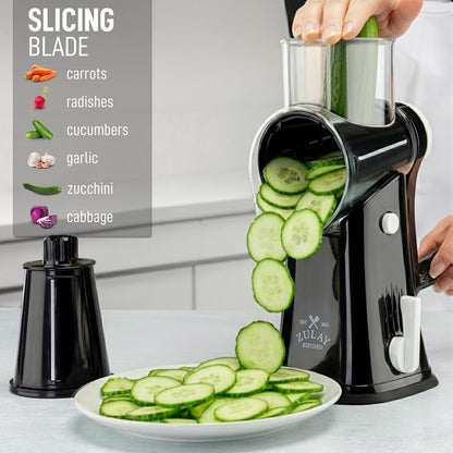 Zulay Kitchen Rotary Cheese Grater - 5 Blade Manual Hand Crank Shredder with Suction Base & Interchangeable Drums