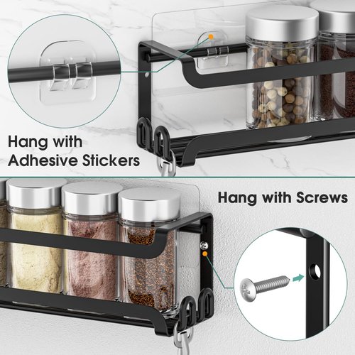 LUCYCAZ 2 Pack Wall Mounted Spice Rack with 8 Hooks, Spice Organizer Shelf for Stove Cabinet Pantry Door,Screw or Adhesive Spice Shelf Hanging Wall Spice Rack in Kitchen and RV (Black, 2 PACK)