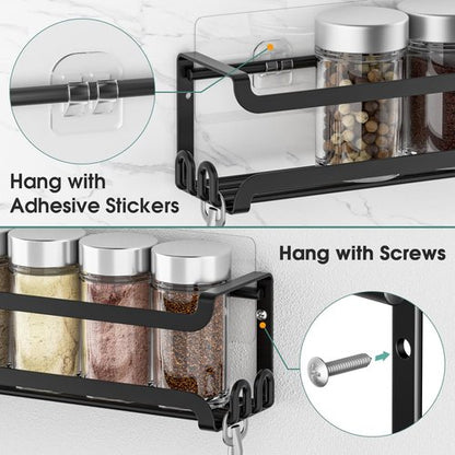 LUCYCAZ 2 Pack Wall Mounted Spice Rack with 8 Hooks, Spice Organizer Shelf for Stove Cabinet Pantry Door,Screw or Adhesive Spice Shelf Hanging Wall Spice Rack in Kitchen and RV (Black, 2 PACK)