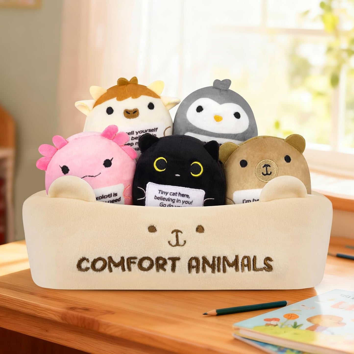 Skiennix Emotional Support Plush Animal Set - 6 Cute Stuffed Animals with Positive Messages | Soft Plushies for Kids & Adults