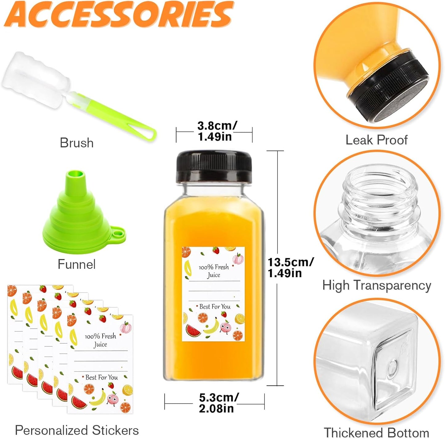 Skiennix Juice Bottles - 8oz Reusable Plastic Containers with Lids | 12-Pack for Juices, Smoothies & More