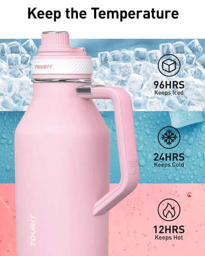 TOURIT 64oz Insulated Water Bottle Stainless Steel, Half Gallon Large Water Jug with 2-in-1 Handle, Double Wall Vacuum Metal Keep Hot & Cold, Wide Mouth Sport Water Flask For Gym, Travel, Pink