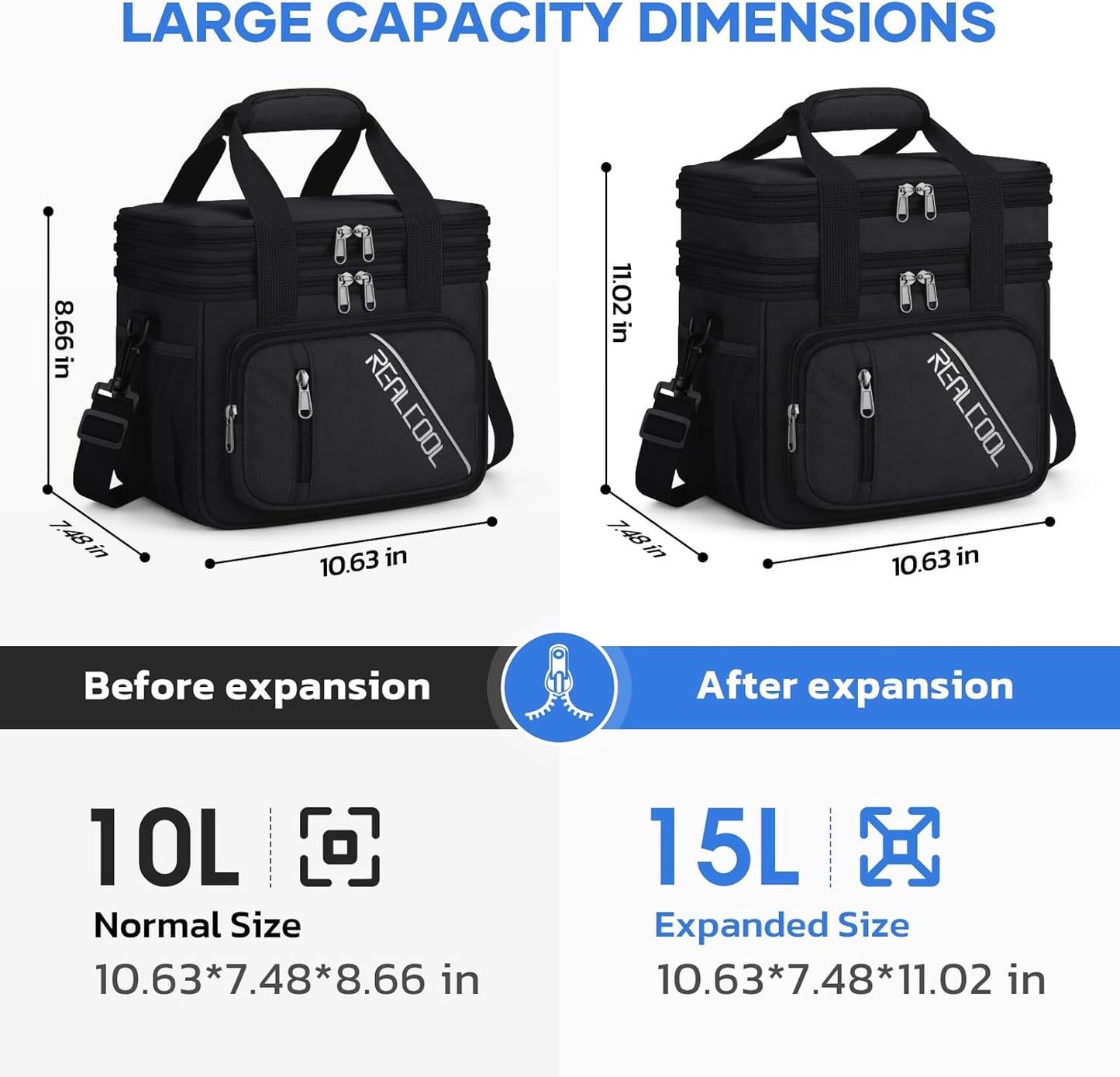 RealCool Insulated Lunch Bag - Double Deck Leakproof Soft Cooler for Work & Travel | Black