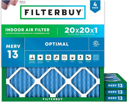Filterbuy 20x20x1 Air Filter - MERV 13 Smoke & Allergy Defense | 4-Pack Electrostatic Pleated HVAC Filters