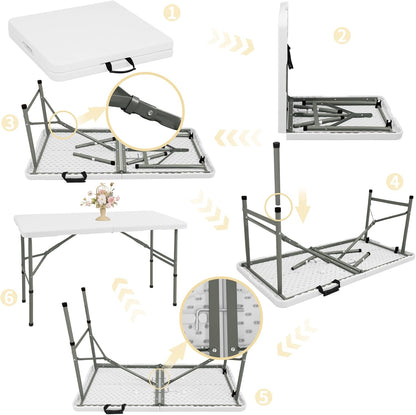 Regine Switzerland 4FT Folding Camping Table - Portable Heavy-Duty Plastic with Steel Legs | Ideal for Indoor & Outdoor Events (White)