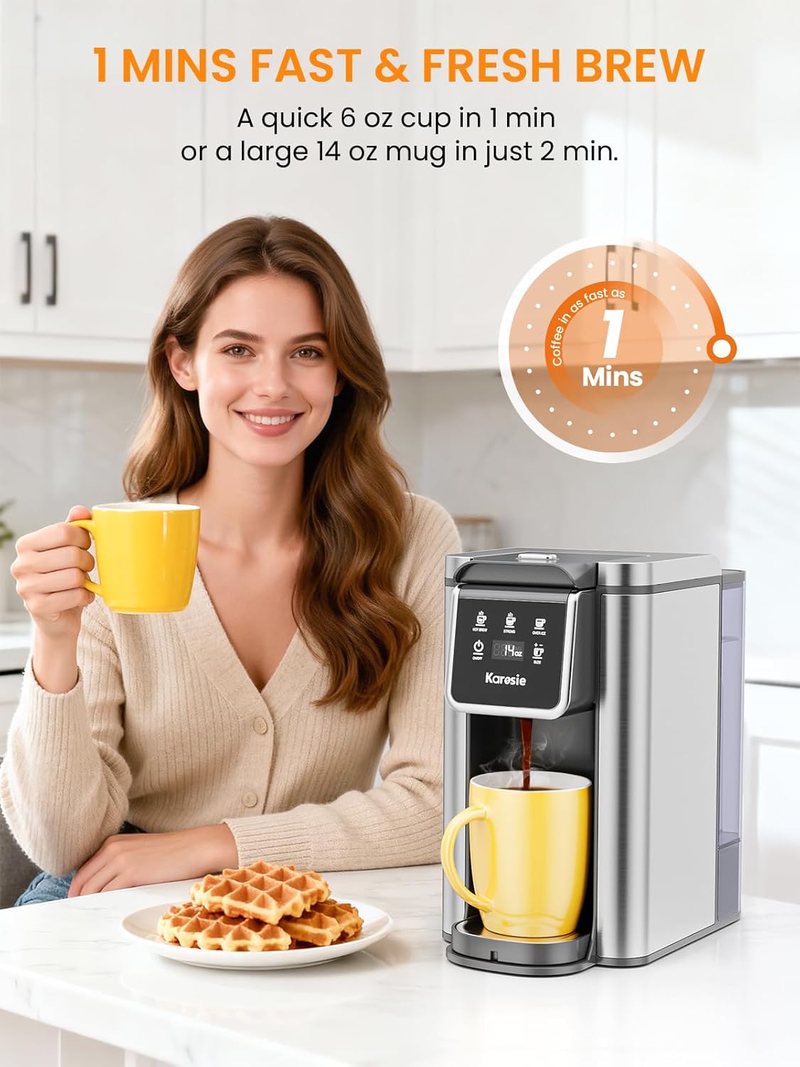 Skiennix K Cup Coffee Maker - Hot & Iced Brewing, 6-14 Oz Sizes, 50 Oz Removable Tank, Stainless Steel, Black