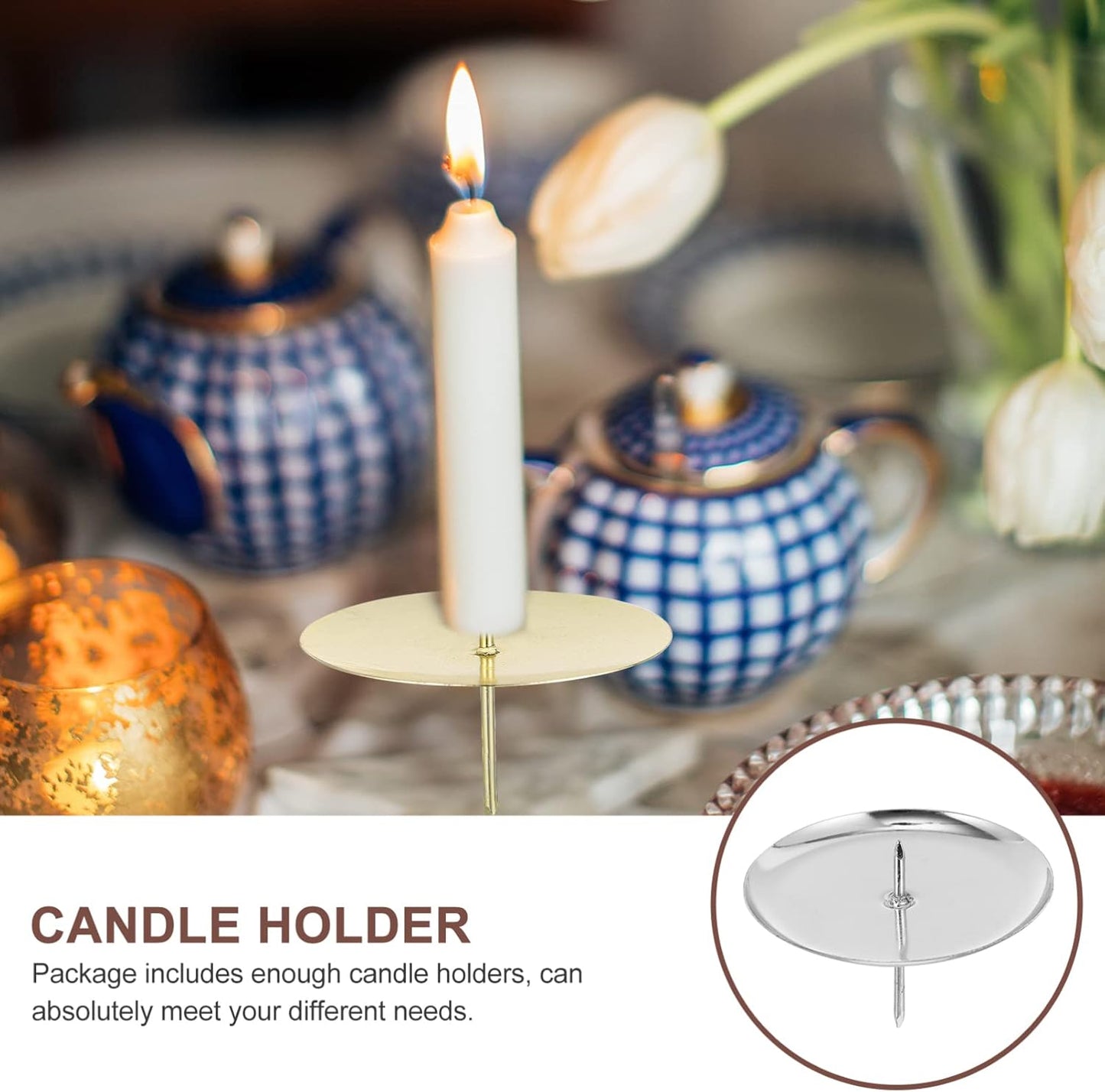 Skiennix Metal Round Candle Holders - 10PCS Silver Spike Plates for Weddings & DIY Decor
