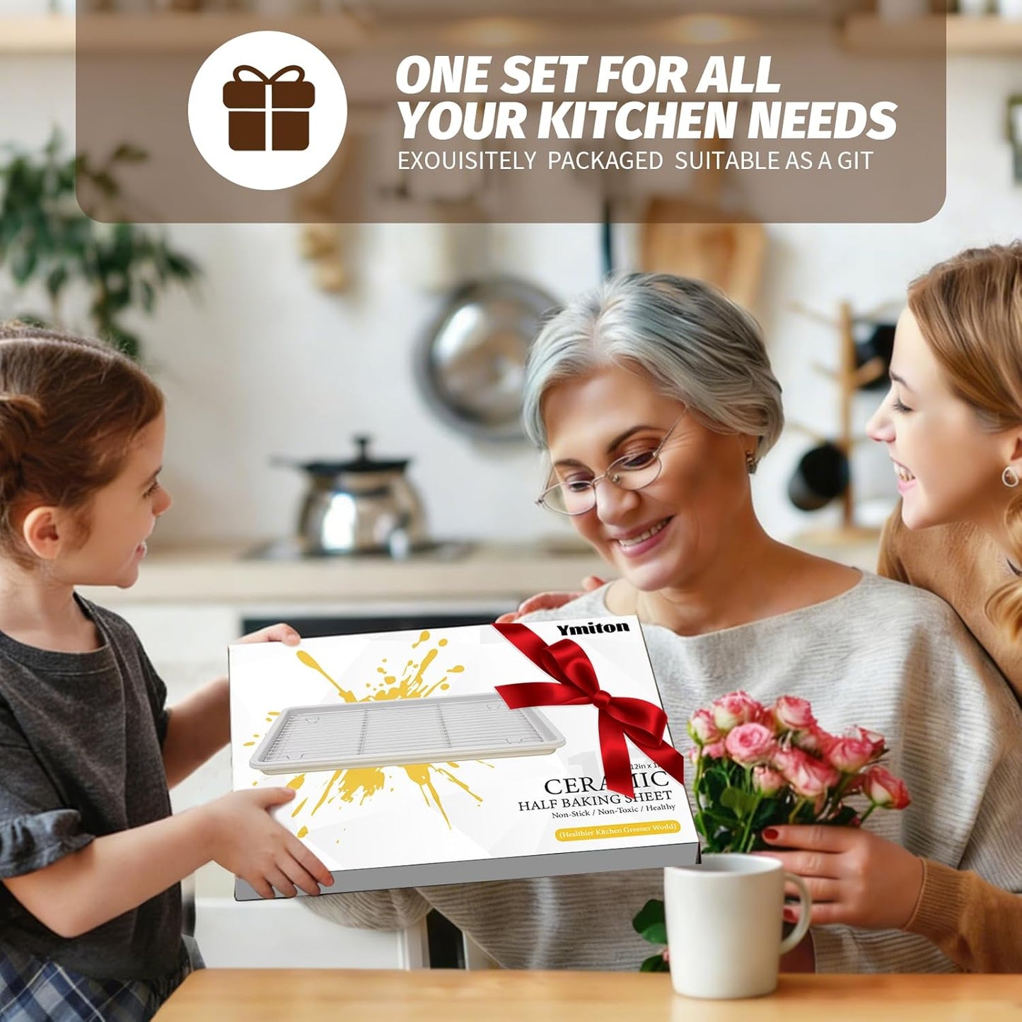 Skiennix Nonstick Ceramic Baking Sheet Set - 2-Pack Half Sheet Pan, Oven Safe 550°F, Dishwasher Safe, Gray Yellow