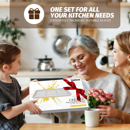 Skiennix Nonstick Ceramic Baking Sheet Set - 2-Pack Half Sheet Pan, Oven Safe 550°F, Dishwasher Safe, Gray Yellow