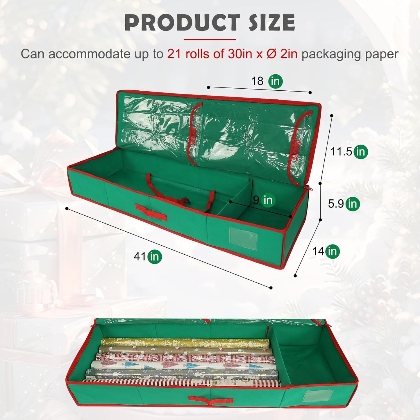 Regine Switzerland Christmas Wrapping Paper Organizer - Storage Bag with Interior Pockets, Fits 27 Rolls