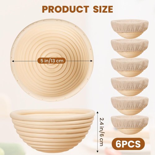 Kikcoin 5-Inch Banneton Bread Proofing Basket Set of 6 | Ideal for Mini Sourdough Baking