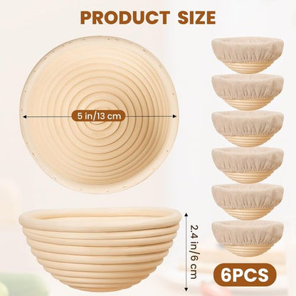 Kikcoin 5-Inch Banneton Bread Proofing Basket Set of 6 | Ideal for Mini Sourdough Baking