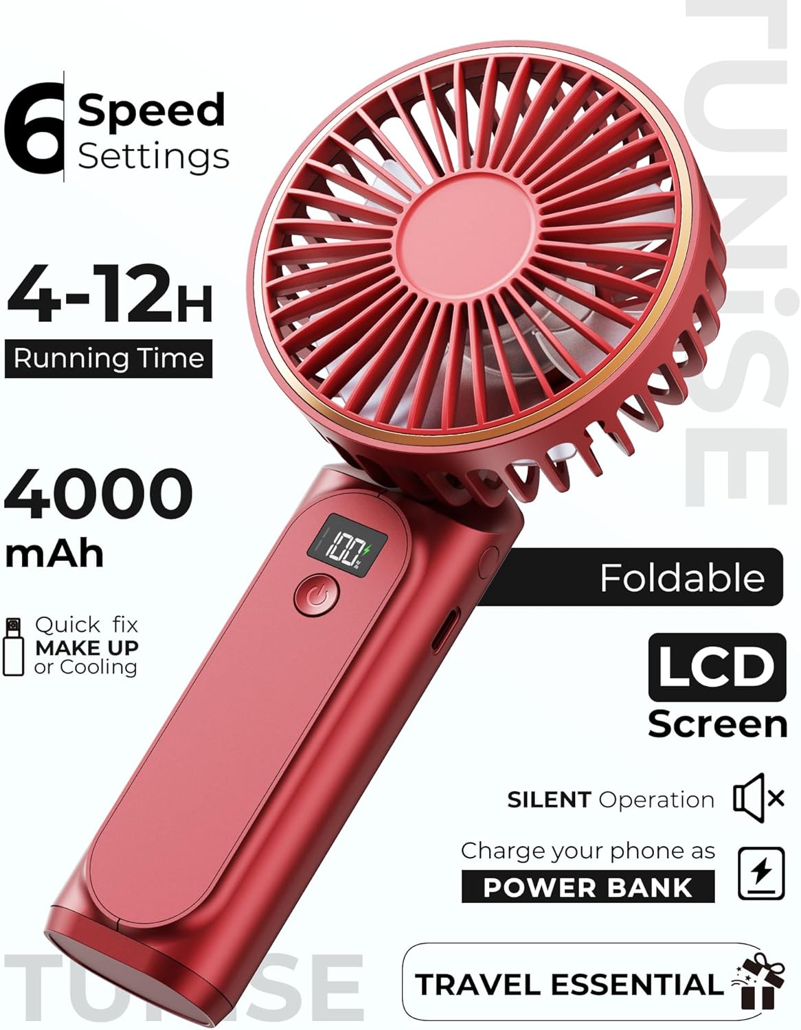 Skiennix Portable Handheld Fan - 4000mAh Battery, 6 Speed Settings, USB Rechargeable, Adjustable 180°