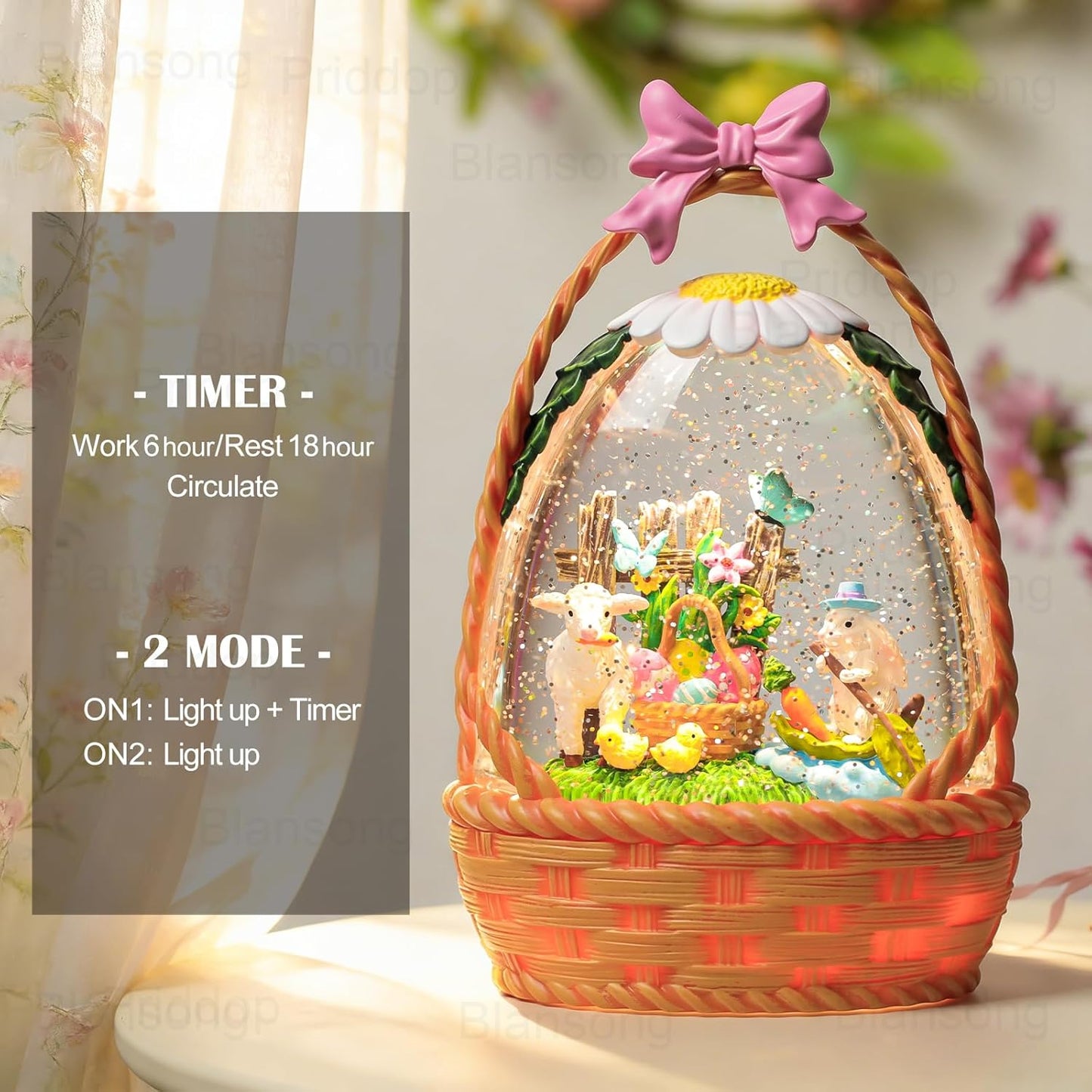 Priddop Easter Bunny Snow Globe | 9.5-Inch Decorative Basket with Glittering Snowfall & Timer