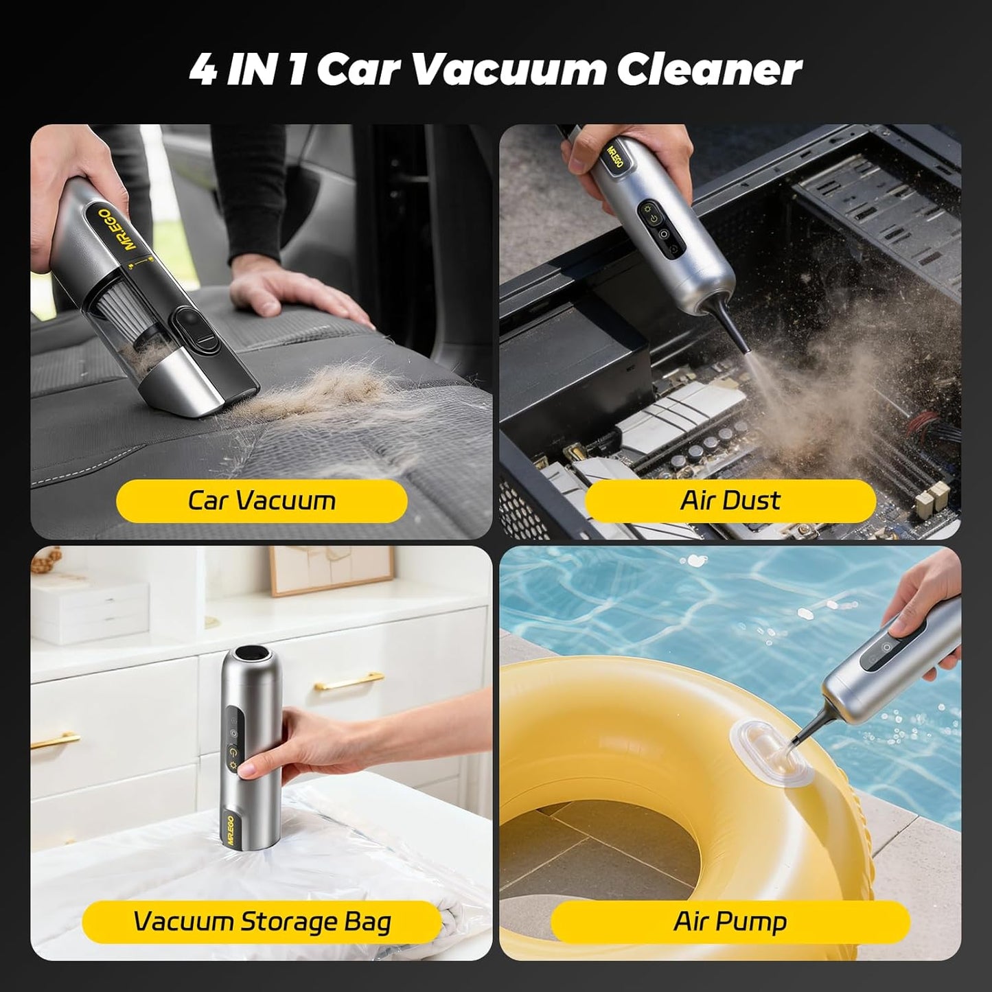 Mr.ego Handheld Car Vacuum - Portable Cordless 4-in-1 Mini Vacuum with 18500Pa Suction | Silver Finish
