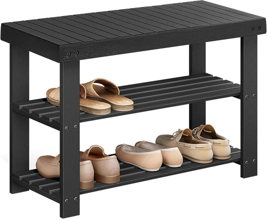 SONGMICS Shoe Rack Bench - 3-Tier Bamboo Storage Organizer | Holds 286 lb - Ink Black, 11.3 x 27.6 x 17.8 Inches
