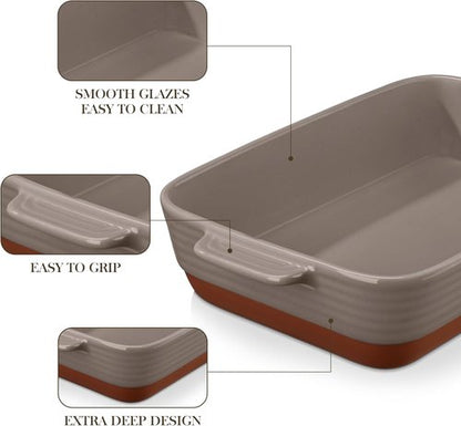 MALACASA Lasagne Dish - 4.8 Qt Brown Ceramic Baking Pan with Handles | 9 x 13 Inches, Deep Casserole Dish