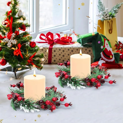 Skiennix Christmas Candle Rings - Snowy Pine Needle & Red Berry Mini Wreaths | 4PCS for Holiday Decor