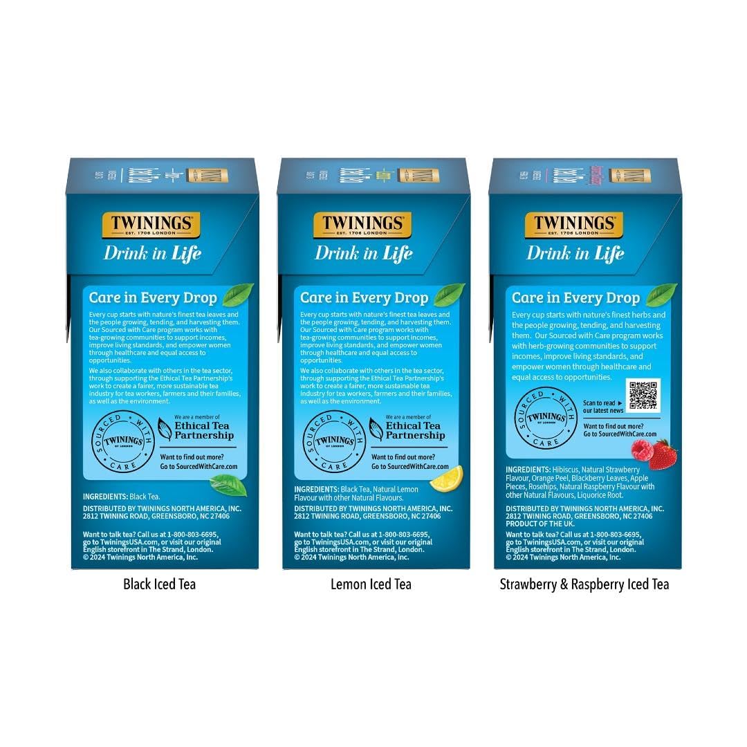 Twinings Iced Tea Variety Pack - 3 Flavors (Black, Lemon Black, Strawberry & Raspberry) | 72 Count, Unsweetened, Caffeinated