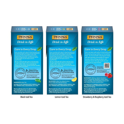 Twinings Iced Tea Variety Pack - 3 Flavors (Black, Lemon Black, Strawberry & Raspberry) | 72 Count, Unsweetened, Caffeinated