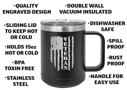 15 Ounce Tattered American Flag Veteran Stainless Steel Coffee Mug Tumbler with Lid