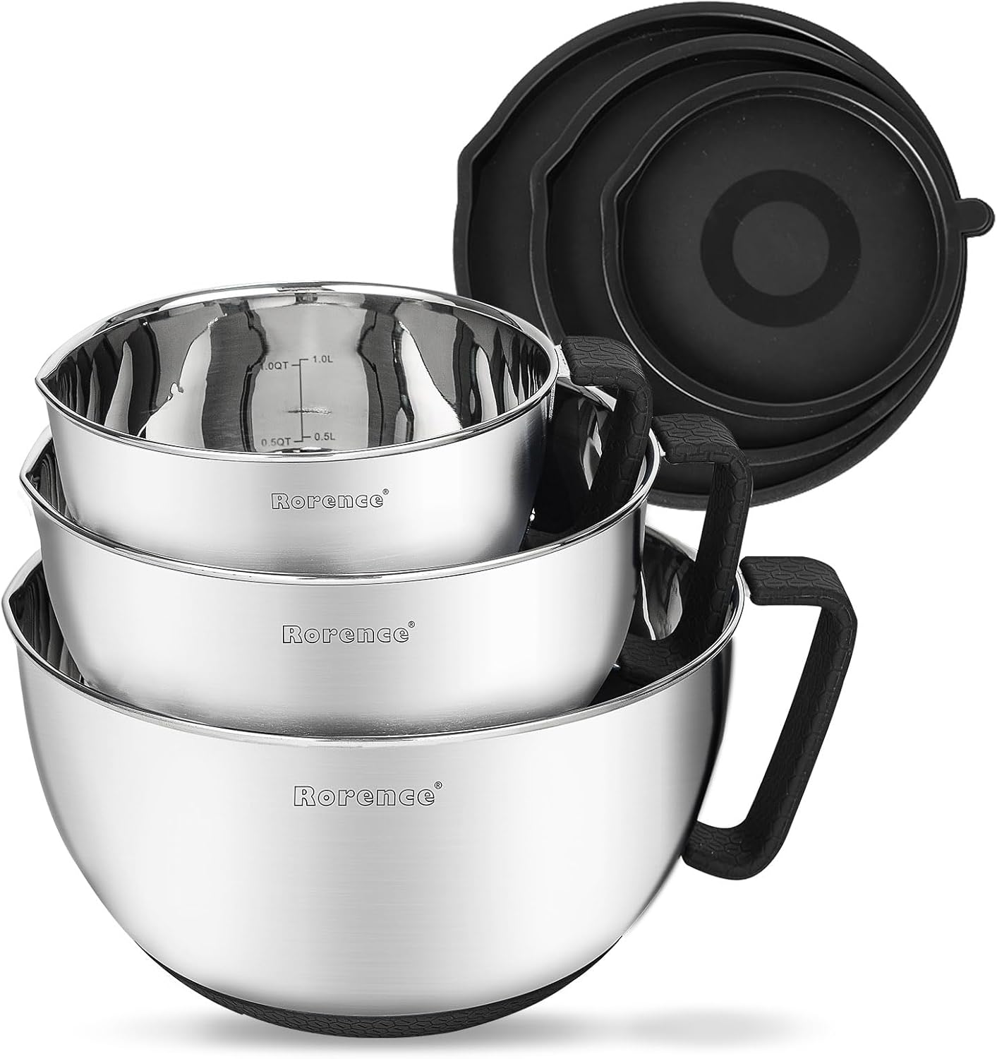 Rorence Stainless Steel Mixing Bowls - Non-Slip Design With Pour Spout, Handle & Lid | Set of 3, Black