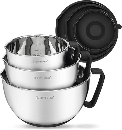 Rorence Stainless Steel Mixing Bowls - Non-Slip Design With Pour Spout, Handle & Lid | Set of 3, Black