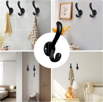 Regine Switzerland 6-Pack Heavy Duty Wall Mount Coat Hooks - Retro Double Hooks for Coats, Hats, Towels & More (Black)