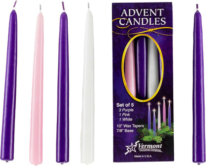 Vermont Christmas Company | Set of 5 Advent Candles - 10" Wax Taper Candles in Purple, Pink & White