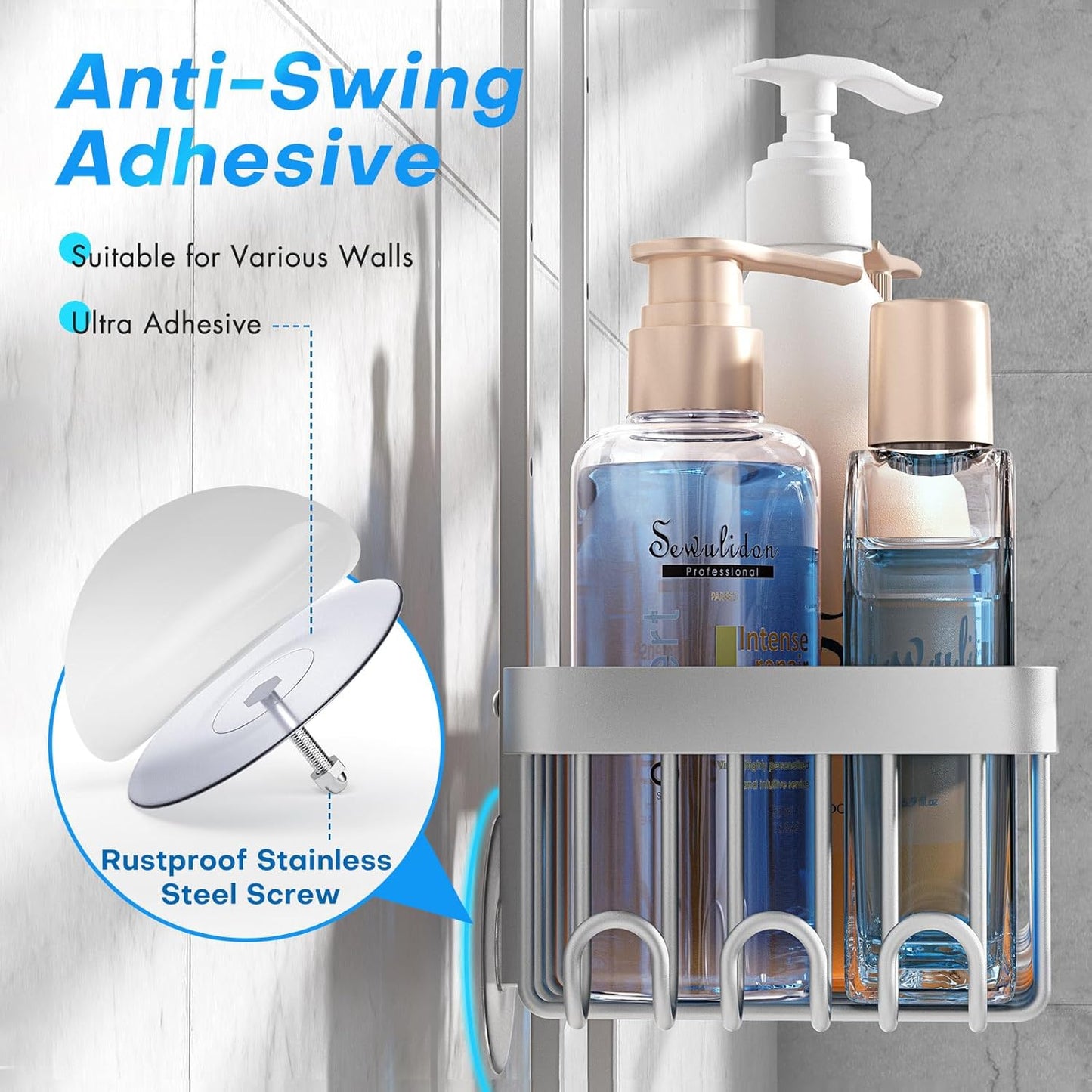 Sewulidon Aluminum Alloy Shower Caddy - Rustproof Handheld Shower Organizer | Height Adjustable 4 Levels with Hooks & Soap Holder