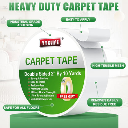 YYXLIFE Double-Sided Rug Tape | Strong Adhesive for Hardwood Floors - Non-Slip, No Residue, 2" x 10 Yards, White
