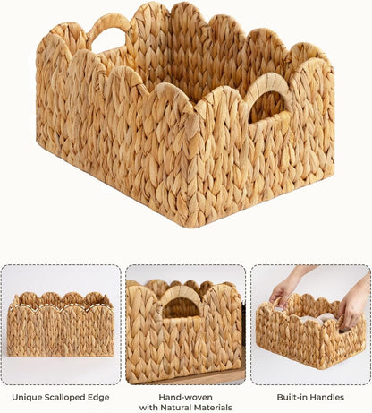 StorageWorks Scalloped Edge Wicker Basket - Hand-Woven Rattan Baskets with Handles | 2 Pack for Organizing & Decor