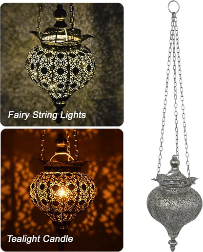 Westcharm Antique Silver Moroccan Lantern - Elegant Metal Hanging Pendant Light for Indoor/Outdoor Use - Small Size
