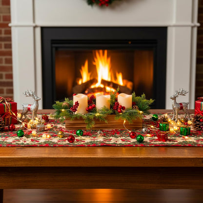 Skiennix Christmas Table Centerpiece - 3 Flameless LED Candles with Pine Cones & Red Berries | Rustic Wood Holders for Holiday Dining