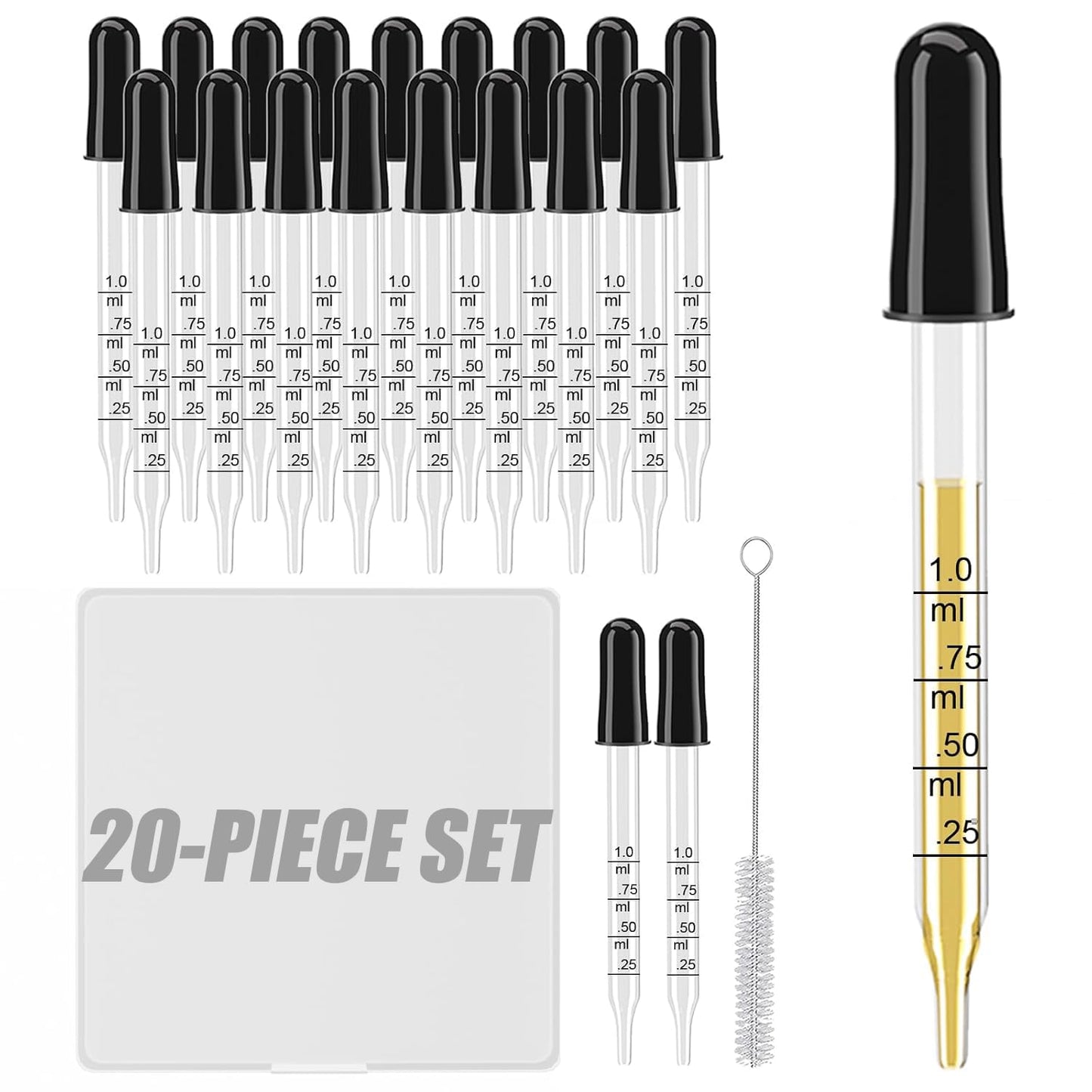 Skiennix 20Pcs Eye Droppers - Glass Pipette with Storage Case & Cleaning Brush | 1ml for Essential Oils, Crafts & Lab Use