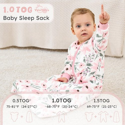 Yoofoss Baby Sleep Sack 6-12 Months 1.0 Tog Long Sleeve Sleep Sack Organic Cotton Wearable Blanket for Infants 2-Way Zipper Quilted Sleeping Sacks(Medium)