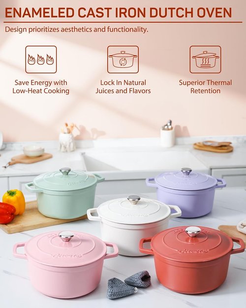 Ciwete Enameled Cast Iron Dutch Oven - 4.4 Quart Heavy-Duty Pot with Lid & Potholders - Ideal for Baking, Braising & Roasting - Oven Safe up to 500°F - Red