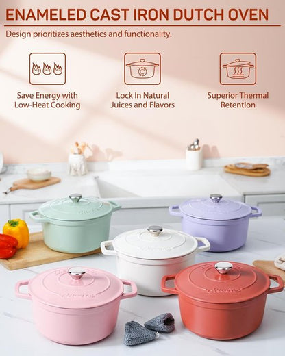 Ciwete Enameled Cast Iron Dutch Oven - 4.4 Quart Heavy-Duty Pot with Lid & Potholders - Ideal for Baking, Braising & Roasting - Oven Safe up to 500°F - Red