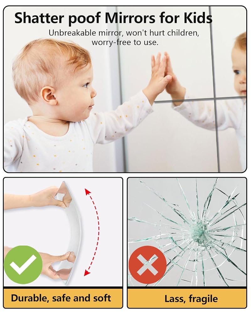 Unbreakable Mirror Tiles 8 Pack 12x12 inch Peel & Stick Wall Mirrors for Kids Room