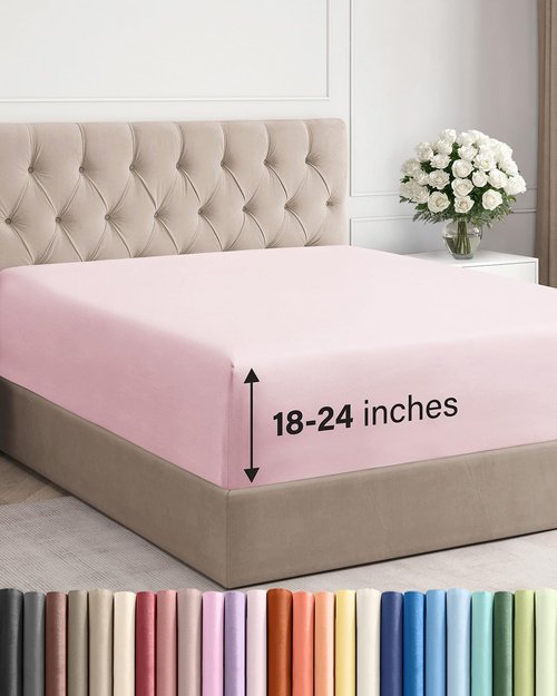 Extra Deep Cal King Fitted Sheet - Hotel Luxury Single Fitted Sheet Only - Easily Fits 18 inch to 24 inch Mattress - Ultra Soft, Wrinkle Free w/Extra Deep Pockets - Breathable & Comfy - Lavender Pink