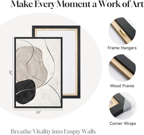 Framed Black and White Abstract Wall Art - Large 3 Piece Minimalist Canvas Set for Living Room | 24x36 In