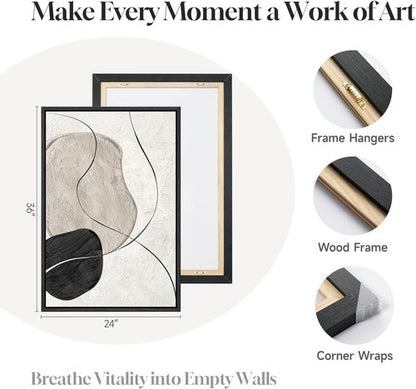 Framed Black and White Abstract Wall Art - Large 3 Piece Minimalist Canvas Set for Living Room | 24x36 In