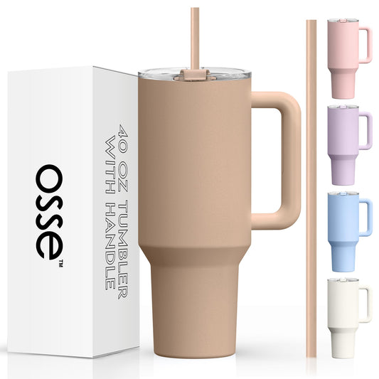 osse 40oz Tumbler with Handle and Straw Lid | Double Wall Vacuum Reusable Stainless Steel Insulated Water Bottle Travel Mug Cup | Modern Insulated Tumblers Cupholder Friendly (Mocha)